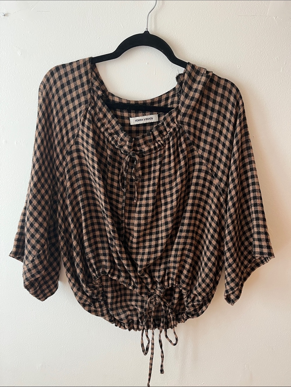 Henrik Vibskov Brown Check Drawstring Peasant Blouse
